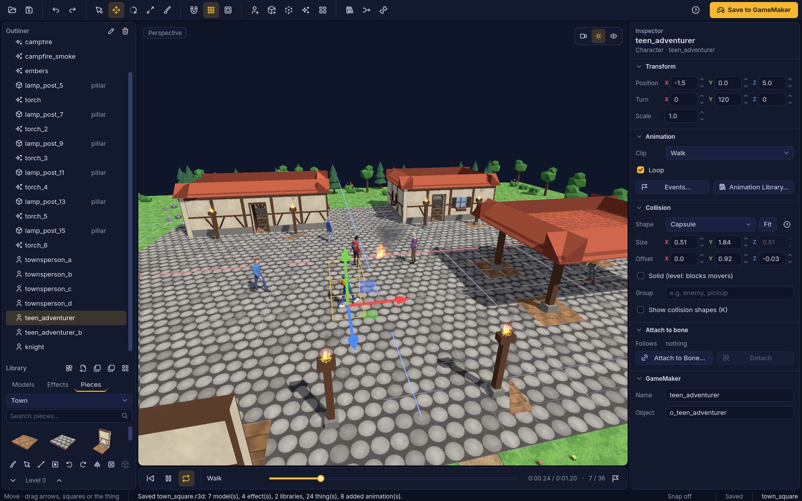Room 3D: a town square with characters and a campfire, ready to save to GameMaker